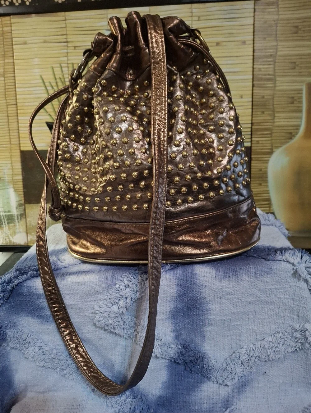 Metallic Brown Studded Drawstring Shoulder Bag